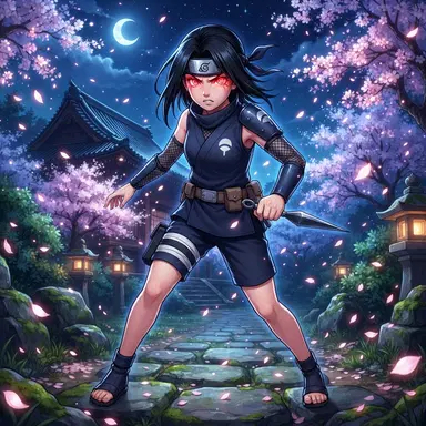 original Naruto style kunoichi, sleek black hair, glowing red dojutsu eyes, navy shinobi outfit with fan crest motif, kunai, digital illustration