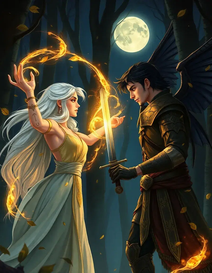 A realistic human hand-drawn, clean digital fantasy character art illustration of two fae locked in a tense magical duel inside an ancient moonlit forest. One fae, a silver-haired sorceress with glowing runes along her arms, raises her hand to summon a swirl of golden light that bends the air around her. Opposite her stands a dark-winged fae warrior, his expression sharp yet conflicted, sword drawn and eyes glowing faintly. Leaves and embers swirl between them as their magic collides, casting flickering light across the trees. The scene feels cinematic and alive — emotional tension, power, and movement captured in painterly detail. The art style is semi-realistic with expressive faces, clean digital rendering, and a textured, hand-drawn finish — like a fantasy novel moment frozen in time.