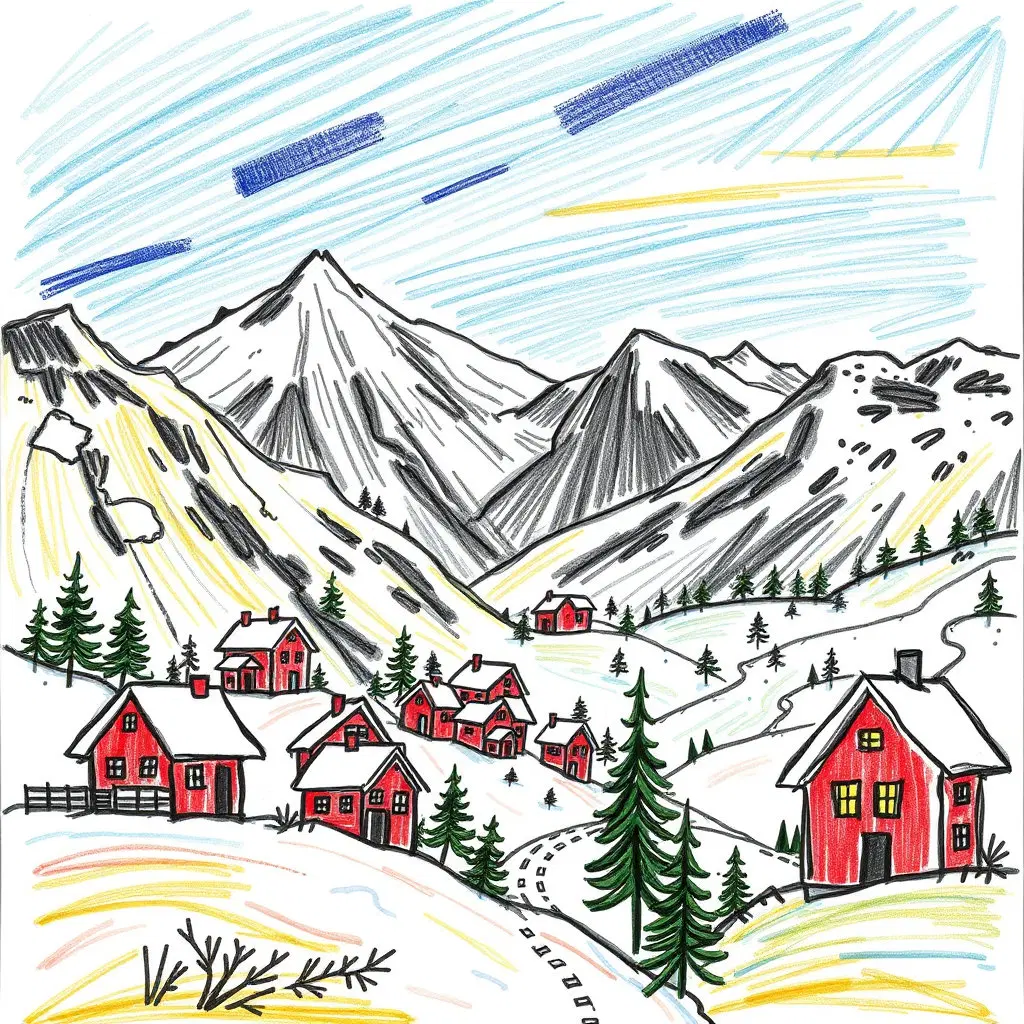alpine panorama featuring snowy houses, rendered in a crayon scribble style with chaotic, childlike lines, shaky strokes, and bright waxy colors, capturing the joyful, earnest energy of a kid’s drawing.