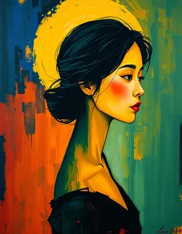 young asian woman with elongated silhouette, abstracted facial expression in a void of undefined space, intense introspection, vertical compression, surrounded by turbulent emotional atmosphere, rendered in the der blaue reiter style: vivid non‑naturalistic color harmonies of deep cobalt, golden yellow, emerald green and rich crimson, simplified abstract forms with bold outlines, flattened spatial planes, lyrical expressive brushwork, dynamic rhythmic composition, intense symbolic palette contrasting warm ochre and cool cobalt, high‑contrast chiaroscuro and rough impasto texture.