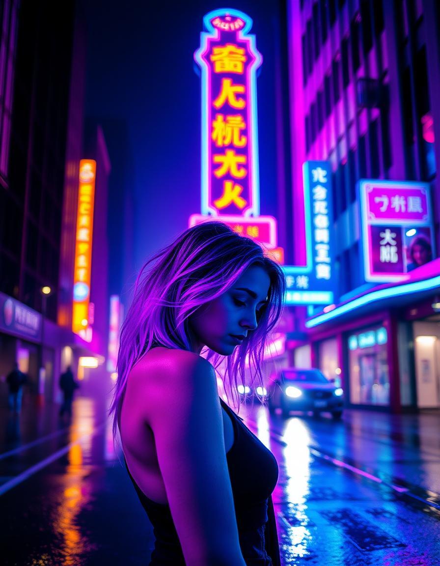 a lone woman stands on a rainy city street at night, under the glow of a huge arcade with bright purple and blue neon lights. the neon lights illuminate her face and hair, giving them a vibrant purple and blue glow. her skin shines with the flashing neon signs, merging her with the city's colors. she looks down, with neon lights outlining her figure. the city's neon lights surround her, and tall buildings fade into a misty purple and pink background. dark shadows and bright lights create a thrilling and mysterious atmosphere, as if the city is sharing a secret with her, bathed in electric blues and purples.