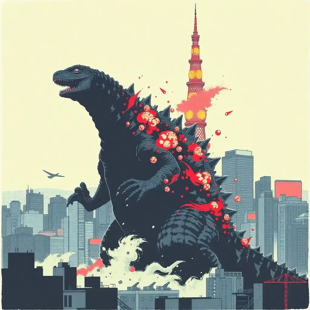 Risograph Godzilla smash Tokyo