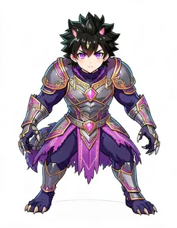 Redraw the person in the reference image as a VTuber character portrait of male, them, fully clothed, black hair, bright violet eyes, a fair complexion, clean anime VTuber model art, cel-shaded 2D illustration, crisp lineart, vivid colours, soft rim lighting, head and shoulders, facing forward, plain flat white background. Keep their face, hairstyle and distinguishing features clearly recognisable as the same person.