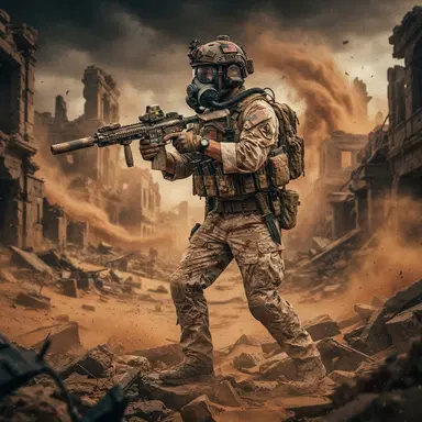 battle royale soldier in desert camo with a gas mask and combat vest, sandstorm ruins, cinematic game key art, crisp high detail
