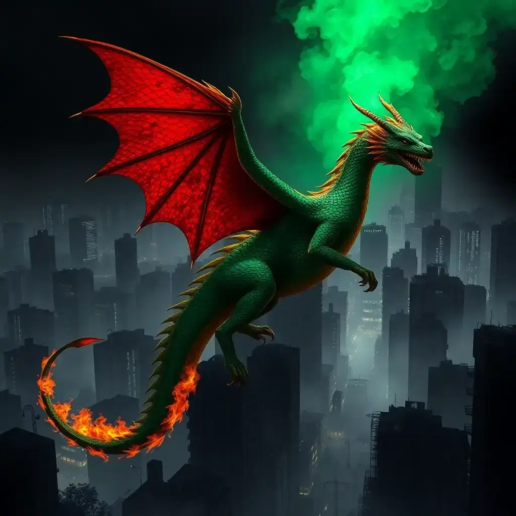 "a lone, fiery emerald dragon, scales smoldering gold, wings a deep crimson, cast only in the faint glow of black, ash-choked rainforest below.  the cityscape's dark, greyscale, and rain-soaked, while the dragon's breath, a fiery green inferno, casts an otherworldly glow, foreshadowing a nightmarish rebirth, amidst the deforested, twisted streets.  everything else, a stark, high-contrast monochrome, drained of its vitality, waiting in trepidation for the dragon's fiery cleansing to sweep through."