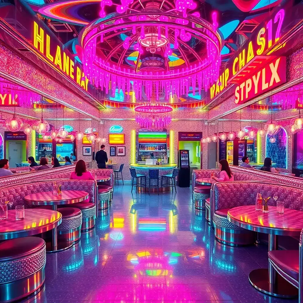 "vibrant retro futuristic cafe amidst a dreamscape of sparkles:  
a chrome dome ceiling reflecting kaleidoscopic rainbows, 
pink neon signs dripping with iridescent honey, 
mirrored walls that multiply patrons in a kaleidoscope of colour,
rounded booths upholstered in glittering silver mylar, 
icy blue tile floors glistening like liquid glass,
checkered tablecloths shining with a thousand tiny lights,
waitstaff dressed in iridescent jumpsuits that shift colours with every step,
steaming drinks radiating rainbow mist into a neon-lit atmosphere,
color-shifting walls that resemble a prism- infused lava lamp,
futuristic robots swinging from glittering chandeliers, 
serving cocktails in swirling vortex glasses, 
in a perpetual state of sparkling, mesmerizing wonder."
