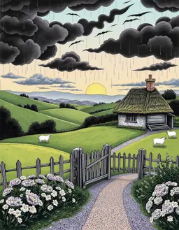 lavender sunset over a tranquil british countryside rendered in whimsical ink‑and‑paper collage, with strong black ink outlines and gentle watercolor‑like transitions. rolling green patchwork fields dotted with fluffy white sheep graze among dewy floral shrubs, a thatched‑roof cottage behind a rustic wooden fence and charming gate, gravel path and blooming vegetable garden. dark clouds swirl, pierced by lavender‑hued rays, a gentle drizzle and distant rainbow arch overhead, soft mist and raindrop speckles on lightly frosted glass. the scene is built from torn paper, die‑cut elements, ink line work, acrylic splatter, textile textures and distressed glue marks, creating layered depth, visible paper grain, and a nostalgic, dreamlike mood.
