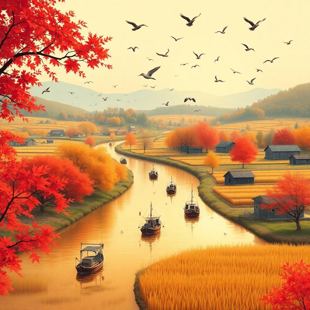 Autumn scenery in Heilongjiang, China, with full colors and no blank space, flat drawing style, fishing boats and waterbirds on the golden waterway, reddish maple leaves, harvesters and many barns in the rice fields, and migratory birds in the air