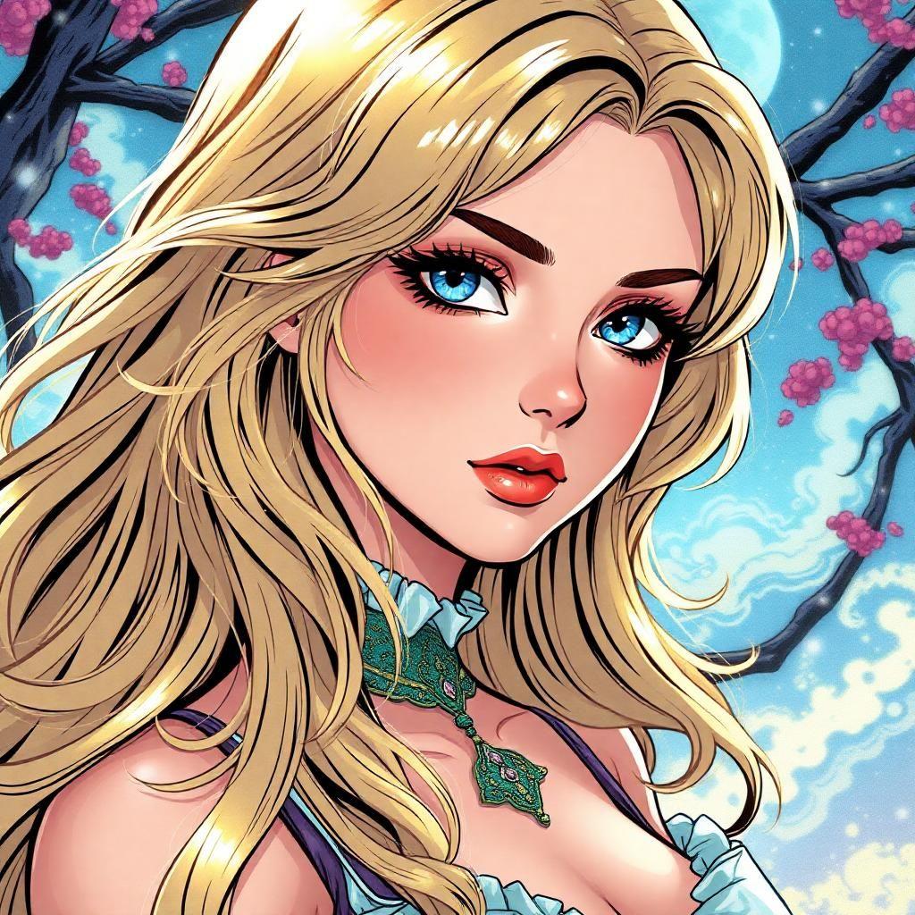 Create a spellbinding femme anime character, adorned with cascading locks of blonde hair and entrancing blue eyes, reminiscent of a fairy tale enchantress. Immerse her in a vibrant, vintage comic book universe, where each detail pops with color and precision that blurs the lines between fantasy and reality.