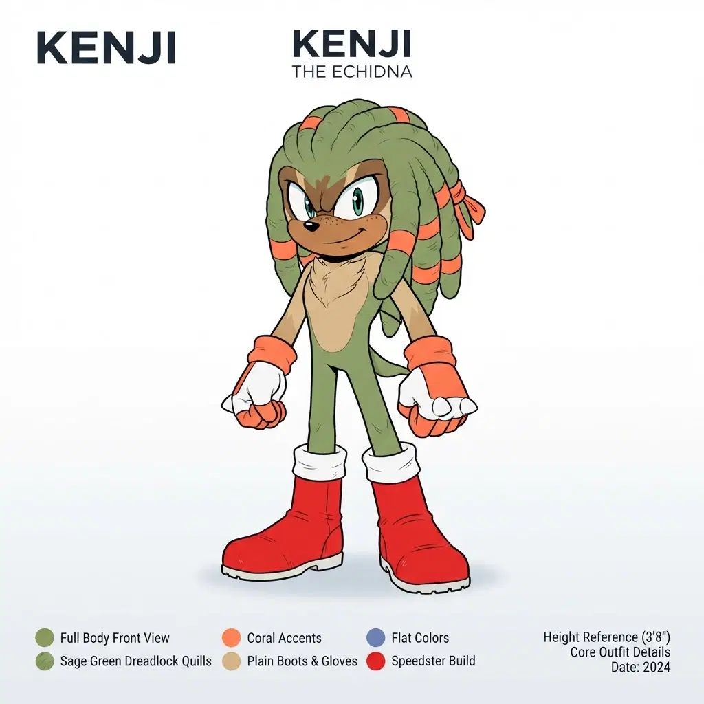 anthro echidna speedster oc base, clean full body pose reference, front view, sage green dreadlock quills with coral accents, plain boots and gloves, flat colour, minimal shading, plain white background, character reference sheet style, clean soft gradient studio background, vibrant, crisp high detail, digital illustration