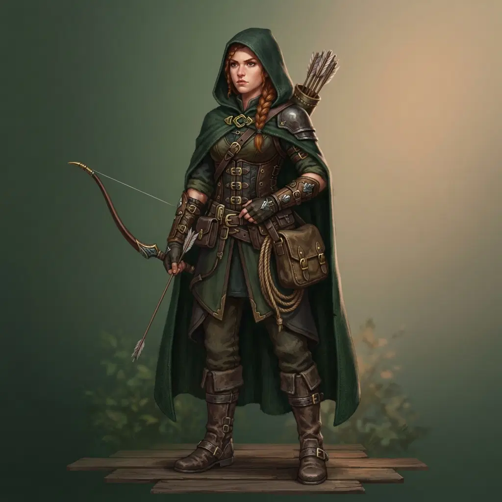 original character in a fantasy ranger outfit, hooded forest-green cloak, leather bracers, brass buckles, travel satchel, full body, painterly style, outfit design focus, clean soft gradient studio background, vibrant, crisp high detail, digital illustration