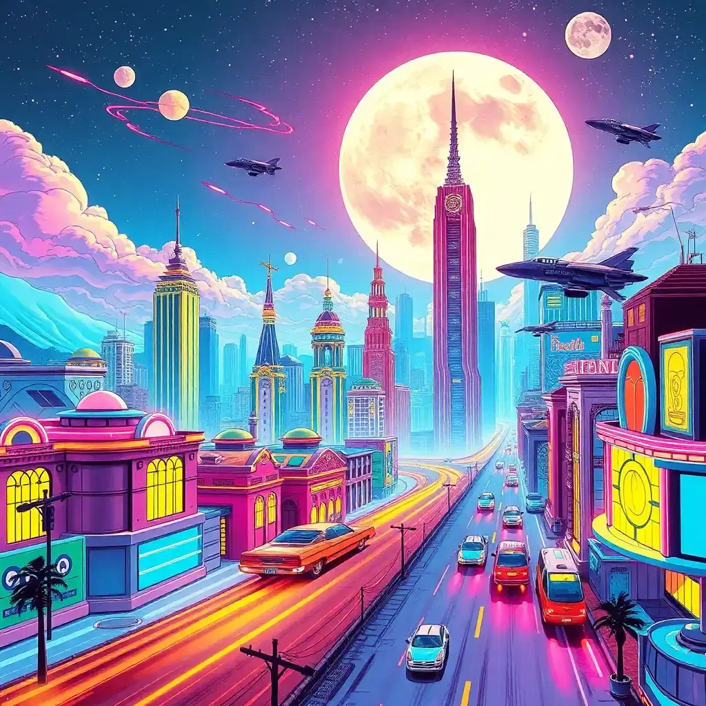Create a dazzling retro-futurism landscape with a city of ethereal allure. Here, art deco towers and flying cars coexist with a vibrant pop art aesthetic, creating an electric atmosphere. Narratives flash by in comic book storyboards, in colors so vivid they transport viewers into a saga of dreamlike exploration.