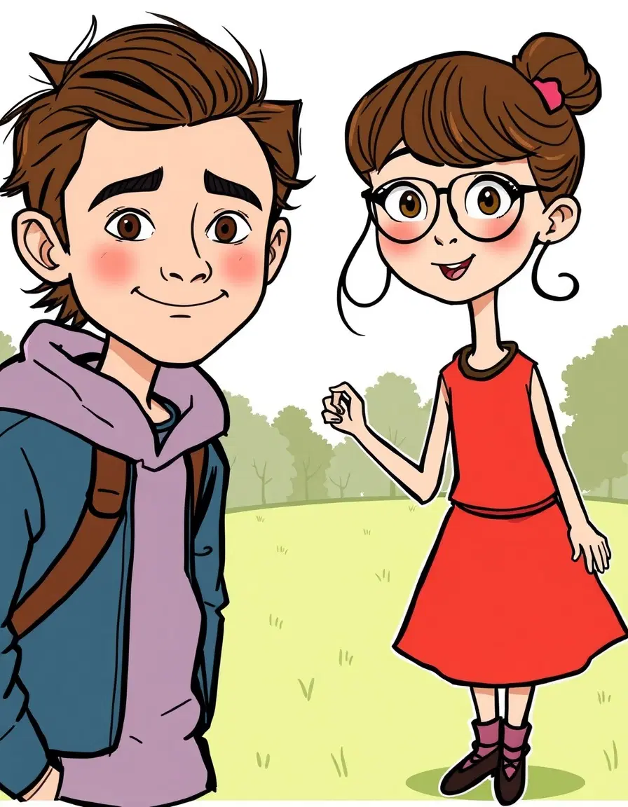 Transform the subject from the uploaded image into a character in the style of Charlie and Lola (children's cartoon). Match the official cartoon look - thin sketchy outlines, flat colors, childlike proportions, playful hand-drawn charm, and simple textures.

Retain the subject's original clothing, hairstyle, facial features, accessories, skin tone, pose, and expression - but reinterpret them as if they belong in the Charlie and Lola can I upload a 