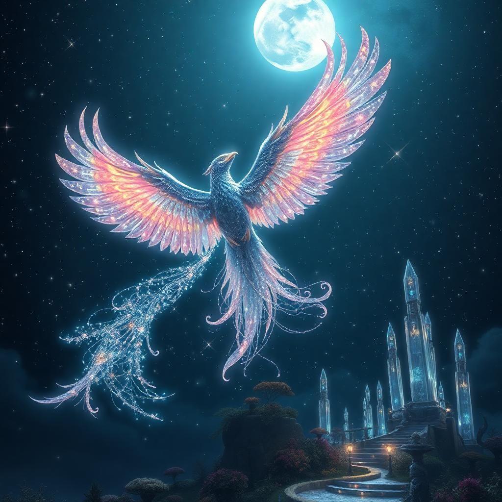 In a universe of infinite possibilities, behold a majestic lunar phoenix soaring through the star-strewn sky. Its iridescent feathers glitter like moonlit rainbows, each plume a tapestry of constellations. As it flies, the celestial creature leaves trails of ethereal stardust in its wake, painting the heavens with luminescent artistry. Beneath its flight path, a whimsical land of fantastical flora and towering crystalline sculptures catches the light, shimmering in the nocturnal glow.