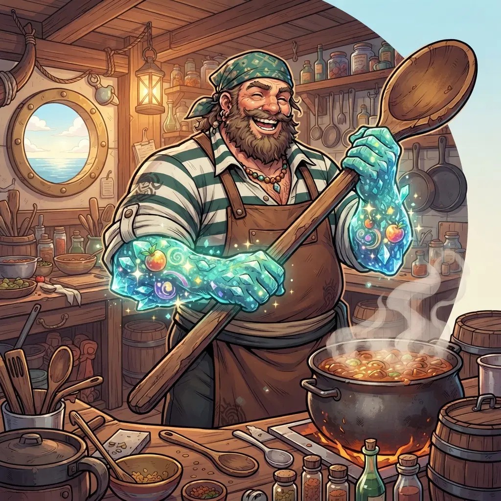 big cheerful pirate cook with a green bandana, striped shirt, rolled sleeves, holding a giant wooden spoon, his forearms covered in shimmering crystal skin showing a fruit power, bold cel shading, ship galley kitchen with a porthole