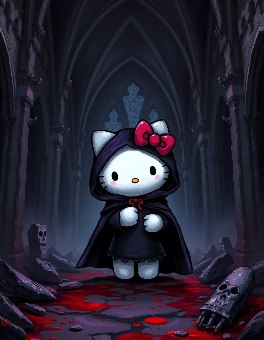 a dark fantasy gothic art rendering of hello kitty in a ruined gothic cathedral. she is wearing a dark cloak. deep shadows and a color palette of deep purples and blood reds evoke an ominous mood.
