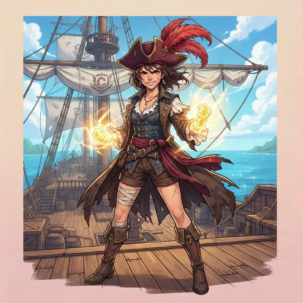 full body young pirate captain with a tall red feathered hat, open vest, wide sash, bold cel shading, glowing golden fists showing a fruit born light power, wooden ship deck with big sails behind, bright tropical sky, adventure anime style