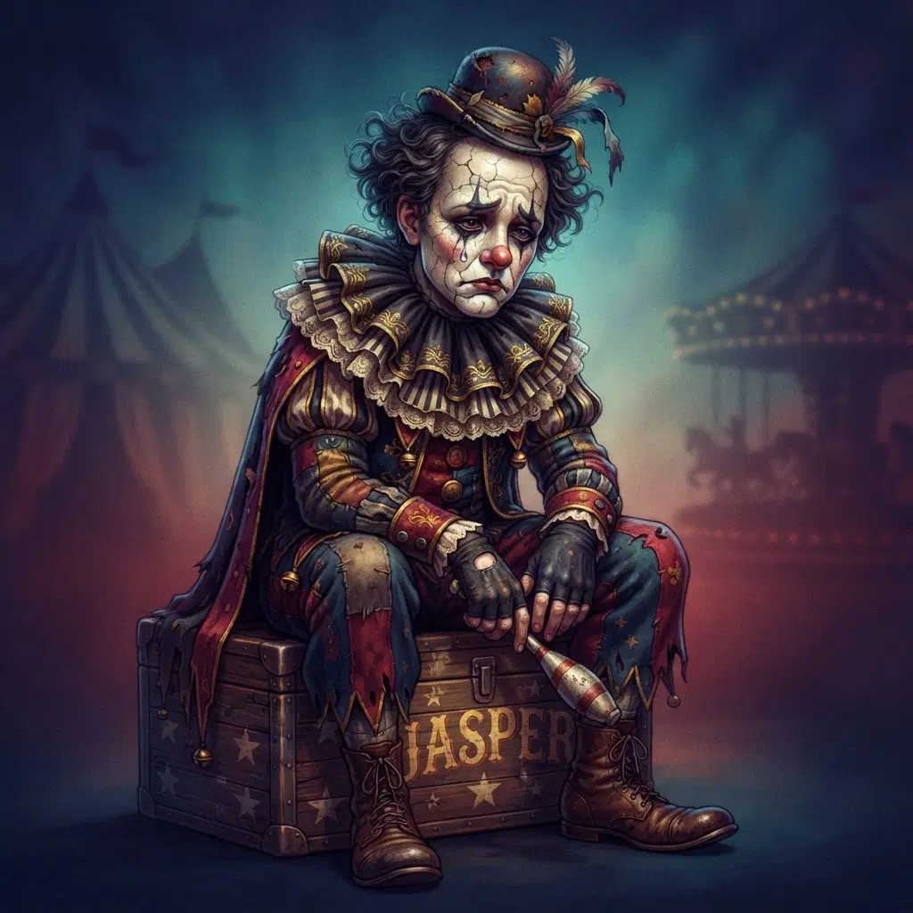 original character: a melancholy circus clown with cracked porcelain face paint and a ruffled collar, single glass tear, dark carnival storybook illustration, clean soft gradient studio background, vibrant, crisp high detail, digital illustration