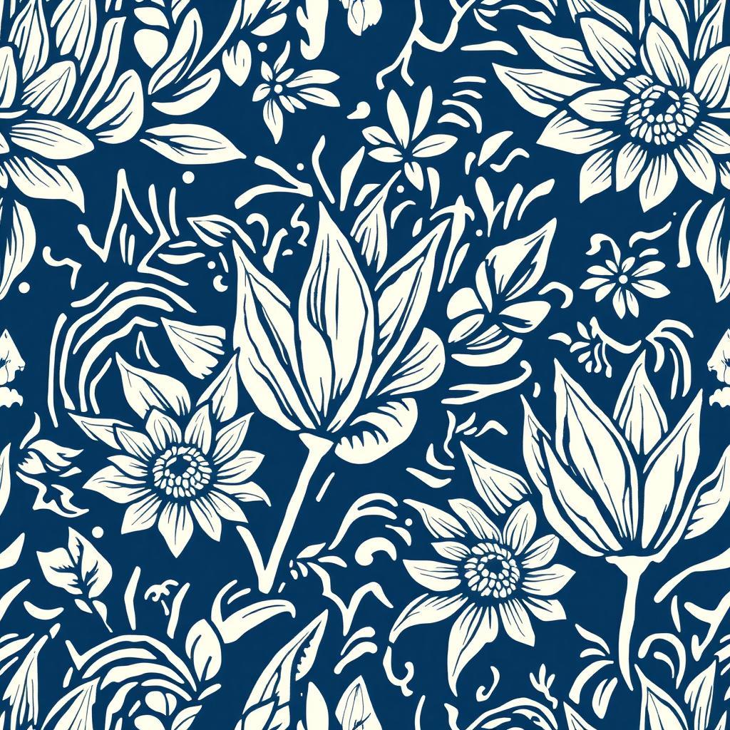 Seamless tileable linocut-style illustration ,  indonesia culture, block print texture, monochrome blue and white, thick carved lines, high contrast, vintage handcrafted feel