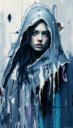 a creative cinematic subject in a grand‑manner dramatic film‑still, icy blue, frosted white, steel gray, deep navy with cool lavender and silvery teal accents, transavantgarde style, raw expressionistic brushwork, mythic imagery, thick impasto, visible drips, scumbled texture, dynamic loosely structured composition, primal simplified figures, dramatic chiaroscuro, glowing fluorescent accents, layered collage of surreal vintage cut‑outs and sleek digital forms, art‑nouveau ornamental lines, calligraphic ink gestures, icy blue, frosted white, steel gray, deep navy, cool lavender, silvery teal accents.