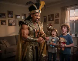 will smith as a father with bulging, well‑defined muscles in a cozy small house in warrington, captured in a close‑up, dramatic action‑movie style scene with a vengeful, determined aura; wearing an elaborate golden evil jafar costume with richly textured regal robes, feathered turban, and sparkling jeweled accessories, his face shows a menacing smile and a theatrical, exaggerated villainous expression illuminated by dramatic lighting that highlights the intricate gold embroidery and swirling fabric; his two children, now larger, stand nearby, their wide eyes filled with startled fear and awe as they hand him his evil staff, clutching toys; the modest living‑room background featuring a simple sofa, family photographs on the wall, and soft evening light streaming through a window, rendered with high detail, vivid colors, and cinematic depth.