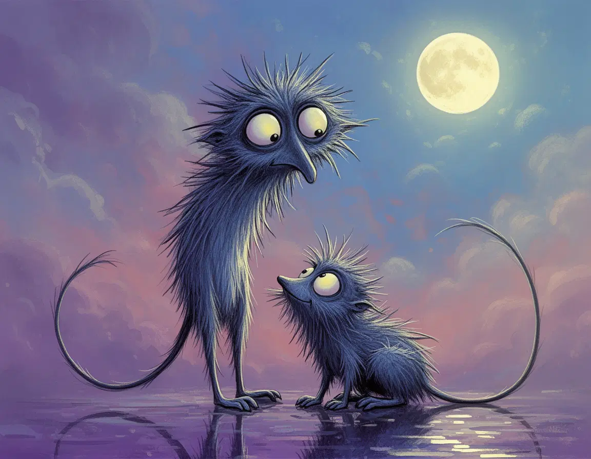 Illustration of a [COLOR] [ANIMAL1] and [COLOR] [ANIMAL2] with exaggerated features. The [ANIMAL 1] is a tall, slender with a large, head with wide, expressive eyes. The [ANIMAL 2], sits on all fours, looking up at the larger animal. Both have spiky, unkempt fur and long, thin tails. The background, a mix of [COLOR], [COLOR], and [COLOR], creates a dreamlike atmosphere. A bright [COLOR] moon is visible in the upper right corner, The ground is reflective, suggesting a wet surface.