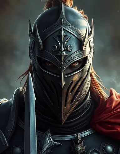 Fantasy character, romantasy style. Knight with face with metallic skin. Epic high fantasy concept art, cinematic wide shot, highly detailed, painterly realism, dramatic lighting.