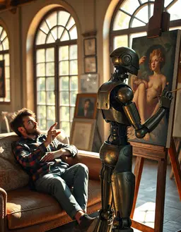 professional cinematic concept art of a weathered humanoid robot with oxidized bronze plating and exposed copper wiring, standing right at a wooden easel in a sunlit artist's studio, holding a paintbrush. to the left, a human man in a rolled‑up flannel shirt lies lazily on a sofa, gesturing toward the canvas with detailed instructions. the canvas depicts botticelli’s venus with striking accuracy. warm golden‑hour sunlight streams through large arched windows, illuminating dust motes drifting in the air. dramatic rim lighting highlights the metallic textures of the robot’s shoulder and arm. a shallow depth of field focuses on the interaction between man and machine, with a professional studio lighting setup enhancing the scene.