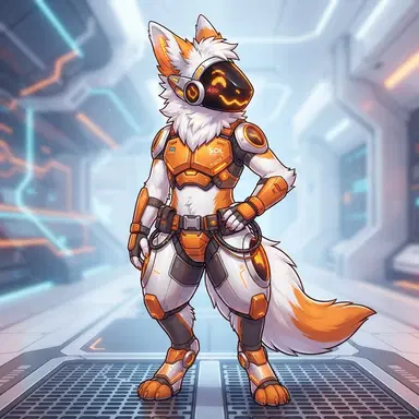 Protogen furry OC with orange LED visor showing pixel smile, white and orange fur, sci-fi armor chest, digital art, clean background