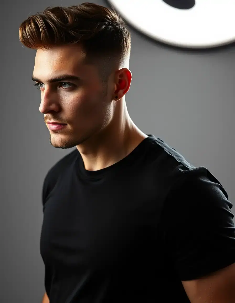 handsome and masculine man in studio photography black tshirt fashion outfit
