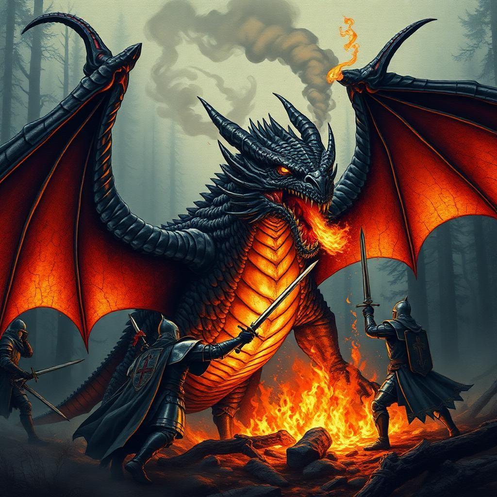 A hyper-detailed medieval tapestry-style illustration depicting knights battling a fire-breathing dragon in a dense, foggy forest. The dragon has massive, bat-like wings, obsidian-black scales with molten cracks glowing beneath, and a pair of piercing golden eyes. Smoke and embers rise from its nostrils as it roars. The knights’ armor gleams in the flickering firelight, their swords raised as they brace for the beast’s attack. The composition is dynamic, showing the immense size and ferocity of the dragon while capturing the desperate bravery of the warriors.