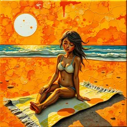ultra‑luminous sunny girl on a bright beach towel on a sun‑kissed shoreline, ceramic glaze expressionism style with dripping, crackling glaze textures, molten color gradients, organic patterns, expressive depth, vibrant glaze layers, dramatic fire‑earth pigment interplay, radiant golden light, gentle waves.