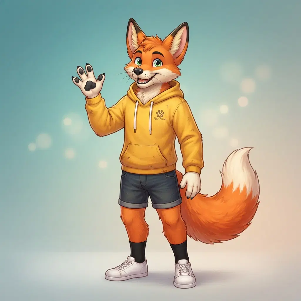 anthro fox fursona character, full body, cheerful wave, orange fur with cream chest and white tail tip, black socks on paws, wearing a yellow hoodie and shorts, expressive big ears, clean soft gradient studio background, vibrant, crisp high detail, digital illustration