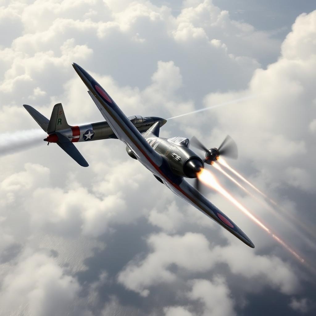 A high-speed dogfight between two vintage fighter jets over an ocean. One plane performs a tight barrel roll while the other fires tracer rounds. The scene is full of motion, with vapor trails streaking behind the jets and dramatic clouds in the background.