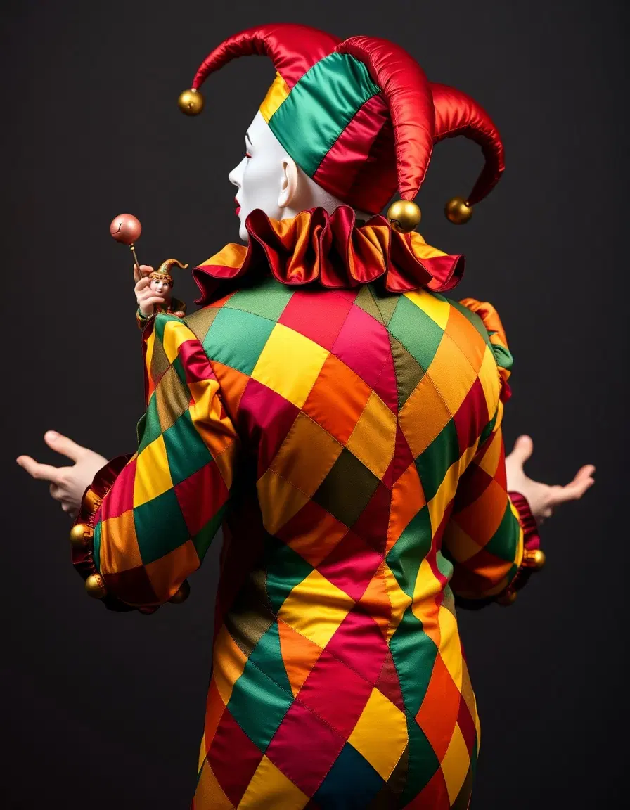 A dynamic scene showing the back and right-side view of a full figure of juggling Harlequin jester, clad in an opulent, vividly colorful motley costume. The fabric is adorned with classic harlequin diamonds in saturated hues—ruby reds, emerald greens, sapphire blues, golden yellows—stitched together in asymmetrical patchwork. The costume features exaggerated pointed shoulder panels and a cascading ruffled collar.

From this vantage, you glimpse the jester’s profile: a tilted head beneath a whimsical tricorn jester hat, with bell-tipped points that gleam with metallic sheen. The hat’s fabric echoes the diamond pattern, mixing colors in unexpected harmony.

Soft, ambient lighting accentuates the textures—the sheen of silk, the weight of velvet, the metal of the bells. The jester holds a marotte (fool’s scepter) in their outstretched hand, crafted with a miniature jester head wearing a matching cap. The background remains neutral and softly blurred, keeping full focus on the expressive silhouette, richly patterned fabric, and playful yet mysterious character.

Key visual elements to convey:

Perspective: from behind and to the right side, showing the shoulder line, back of the head, hat profile, and jester’s gesture.

Color palette: bright luminous primary and secondary jewel tones.

Texture & detail: diamond patchwork, ruffs, bells, marotte props.

Atmosphere: theatrical, slightly mysterious, vibrant yet refined.

Optional stylistic modifiers: intense theatrical lighting, high detail realism, cinematic mood, photographic hyper-realism.