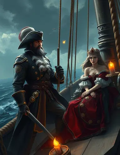 Fantasy character, romantasy style. A rogue sea captain and a royal on a ship. Epic high fantasy concept art, cinematic wide shot, highly detailed, painterly realism, dramatic lighting.