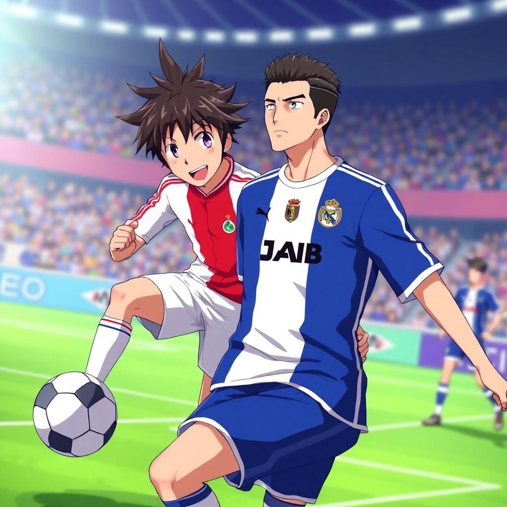 Isagi Yoichi from the anime blue Lock with cristiano ronaldo next to him on a football pitch