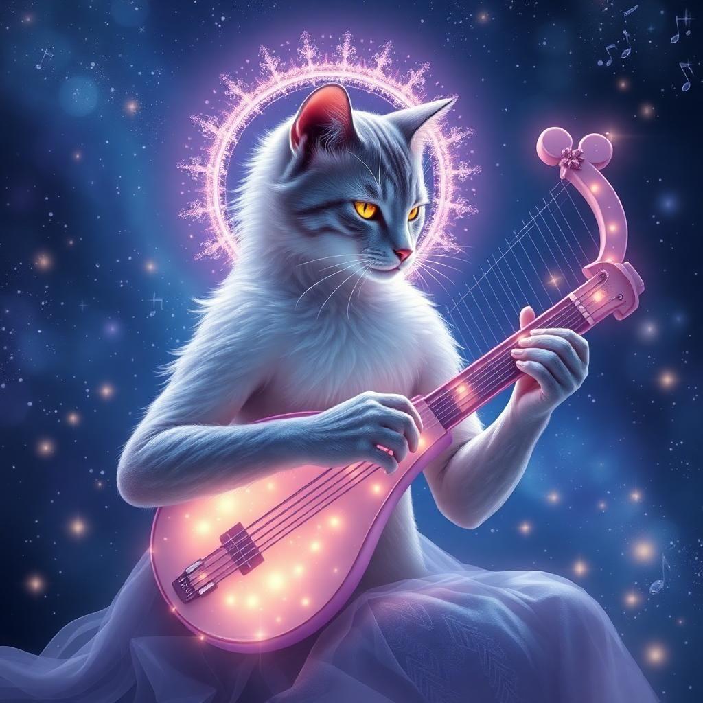 Step into an enchanting dreamscape where the graceful 'Melodia' strums the glowing strings of an ethereal lyre. Each note sends ripples through the air, transforming into a mesmerizing aurora of glittering lights. Engulfed in a pastel lavender halo, her feline elegance brings the night to life with a riveting concert that echoes through the cosmos.