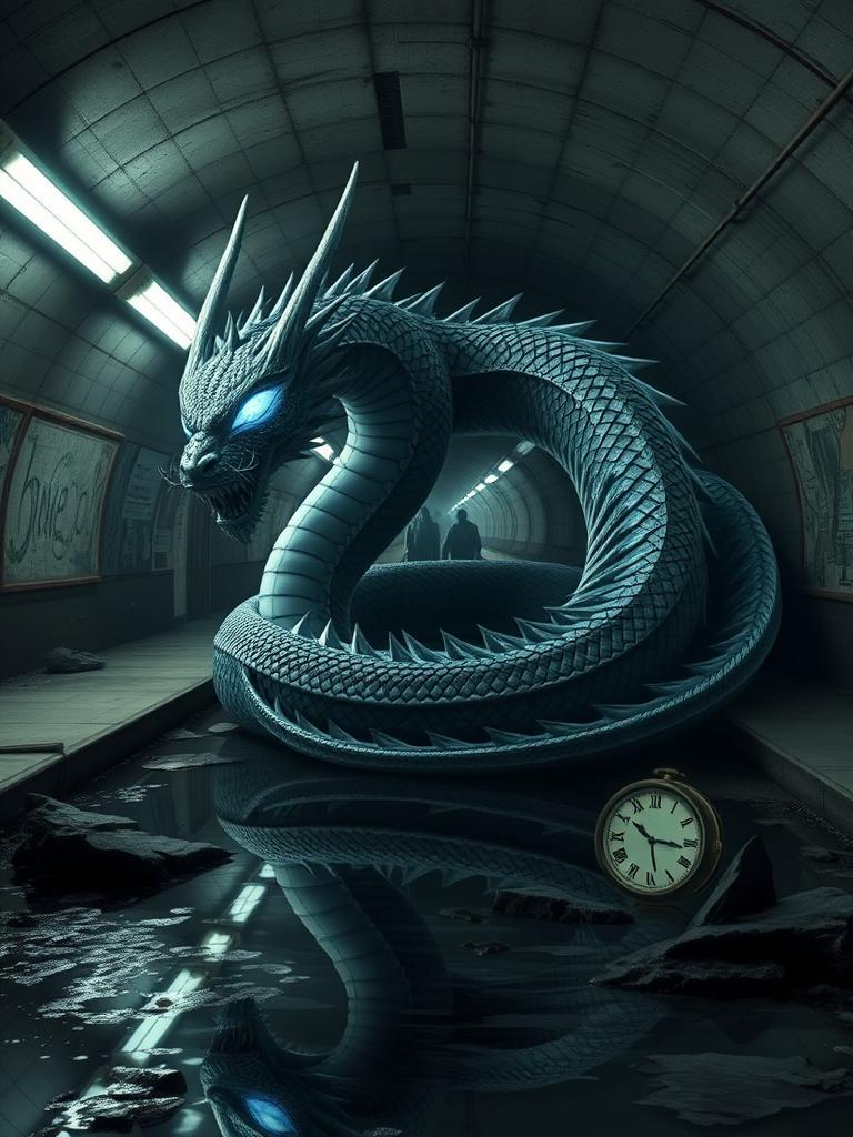 "a cosmic lotus dragon coiled within a dark, abandoned subway tunnel, its scales reflecting the cold glow of flickering fluorescent lights. the dragon's eyes burn with an eerie, pale blue flame, casting an unnatural glow on the damp walls. beneath the lotus, a puddle of stagnant water reflects a distorted, unrealistic scene: crumbling concrete, broken clocks, and shadowy figures lurking. the dragon's plumage seems to ripple like the distorted light, as its low, ominous hum echoes through the eerie silence."