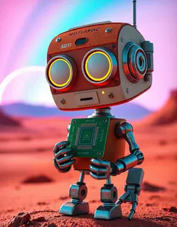 a whimsical small robot with a large exposed‑circuit head, rust‑orange and off‑white metal, oversized white eyes with orange lids, holding a green computer chip, set in a futuristic landscape rendered in vibrant brazilian‑cinema style: bold, saturated hues, dynamic composition, sweeping neon rainbows and pulsating teal, lavender, coral, and sapphire tones that splash across the horizon like a carnival sunrise. the scene glows with exaggerated, surreal lighting, emphasizing the robot’s head and chip in a straight‑on close‑up, crisp and sharp, while the bold color blocks and rhythmic visual flow echo the lively, maximalist aesthetic of brazilian film.