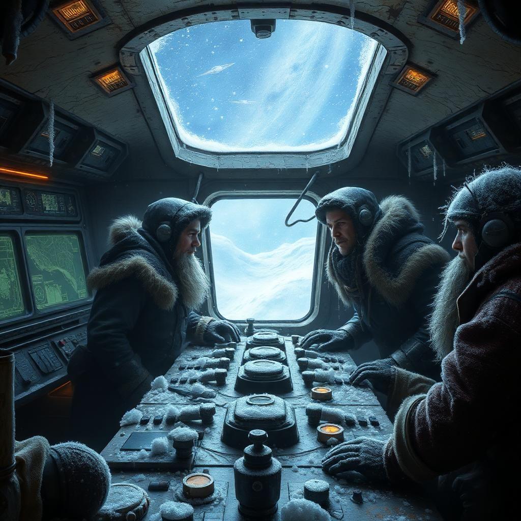 inside the control room of a decrepit space pirate ship, the atmosphere is frigid and desperate. crew members, bundled up in layers of tattered, woolen clothing and battered metallic armor, huddle at various stations, their breath visible in the cold air as they monitor star charts and track enemy ships through a swirling vortex of data. the control panels are ice-covered, their flickering lights casting a dim, eerie glow on the worn, rusty surfaces. flickers of frost dance across the cracked glass and peeling paint. through the large viewport, a swirling storm of icy gas and glittering starlight can be seen, with distant galaxies and frozen comets shrouded in a haze of frost and distortion. the ship's interior is heavy with the weight of worn, utilitarian furnishings and the low rumble of the engines, which seems almost stifled by the cold. ice crystals cling to the control levers and navigation screens, and the pirate crew's beards and hair are frosted with a thin layer of ice.
