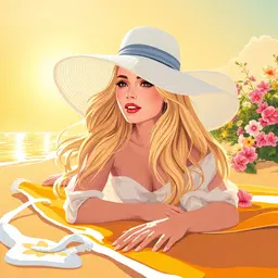 vibrant vector art style with bold crisp lines, geometric shapes, vivid gradient colors, and stylized hair that gives a sleek, luxurious appearance, rendered in a graphic illustration that emphasizes bold lines and vivid color transitions; ultra‑luminous sunny girl portrayed in a renaissance‑style fantasy scene bathed in golden sunlight, wearing a large white sun‑hat, with very long flowing blonde hair cascading over airy chiffon layers and translucent fabrics, surrounded by a radiant floral atmosphere and dreamy pastel palette, glowing soft light and magical summer glow, impressionistic floral textures and gentle motion that convey serene beauty, delicate feminine elegance, and ethereal happiness; the woman lies relaxed on a bright beach towel on a sun‑kissed shoreline, gentle waves lapping nearby and warm sand reflecting the golden light, creating a serene, happy summer moment.