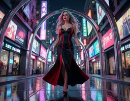 lola reve in an art‑deco cyberpunk metropolis, wearing a sleek neo‑classical gown with red‑black accents, long silver hair catching neon reflections, striking red lips and black eyes, surrounded by chrome‑finished geometric arches, glowing neon kanji signs and holographic billboards on wet reflective pavement; mid‑step, gliding low‑angle floating camera at human height smoothly threading through arches and neon‑lit streets, emphasizing spatial continuity, depth parallax and breath‑like rhythm as background elements slide past at varying speeds, immersive cinematic view with neon‑lit chiaroscuro highlighting her face and hair.