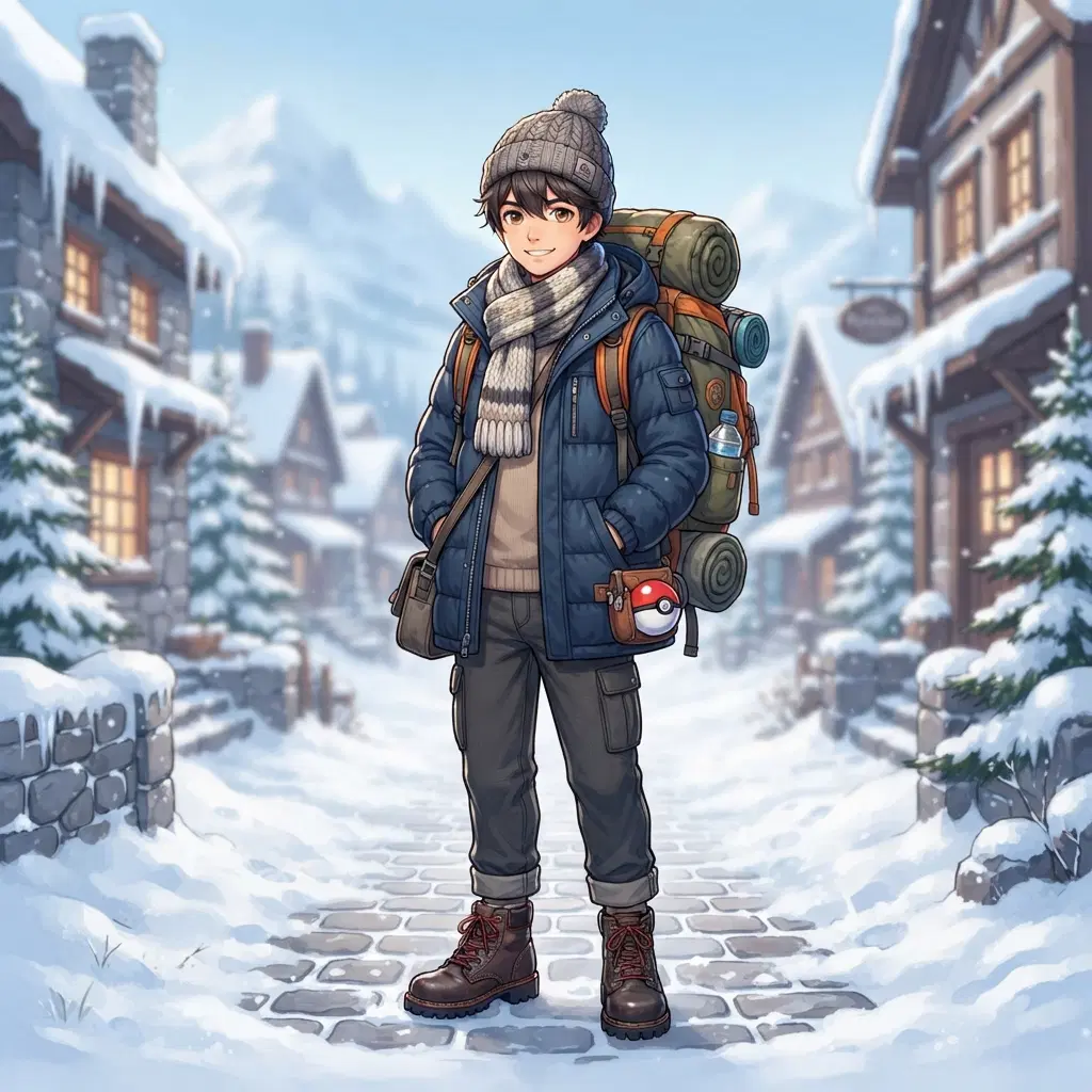 anime boy trainer with a beanie and scarf, puffy blue coat, hiking boots, big travel bag, a small round ball on his belt, standing alone on a snowy mountain town path, no creatures, full body