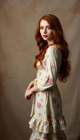 woman with long wavy red hair, wearing a vintage beige floral dress with ruffled hem and lace trim, standing against textured neutral backdrop, soft studio lighting, elegant pose, shallow depth of field, muted earth tones, 85mm portrait lens
