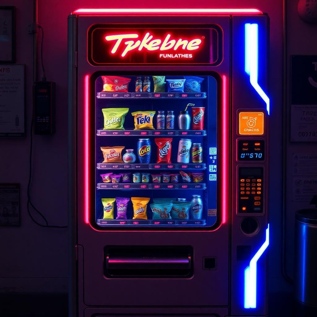 A cyberpunk-style vending machine that dispenses futuristic snacks and neon-lit beverages.