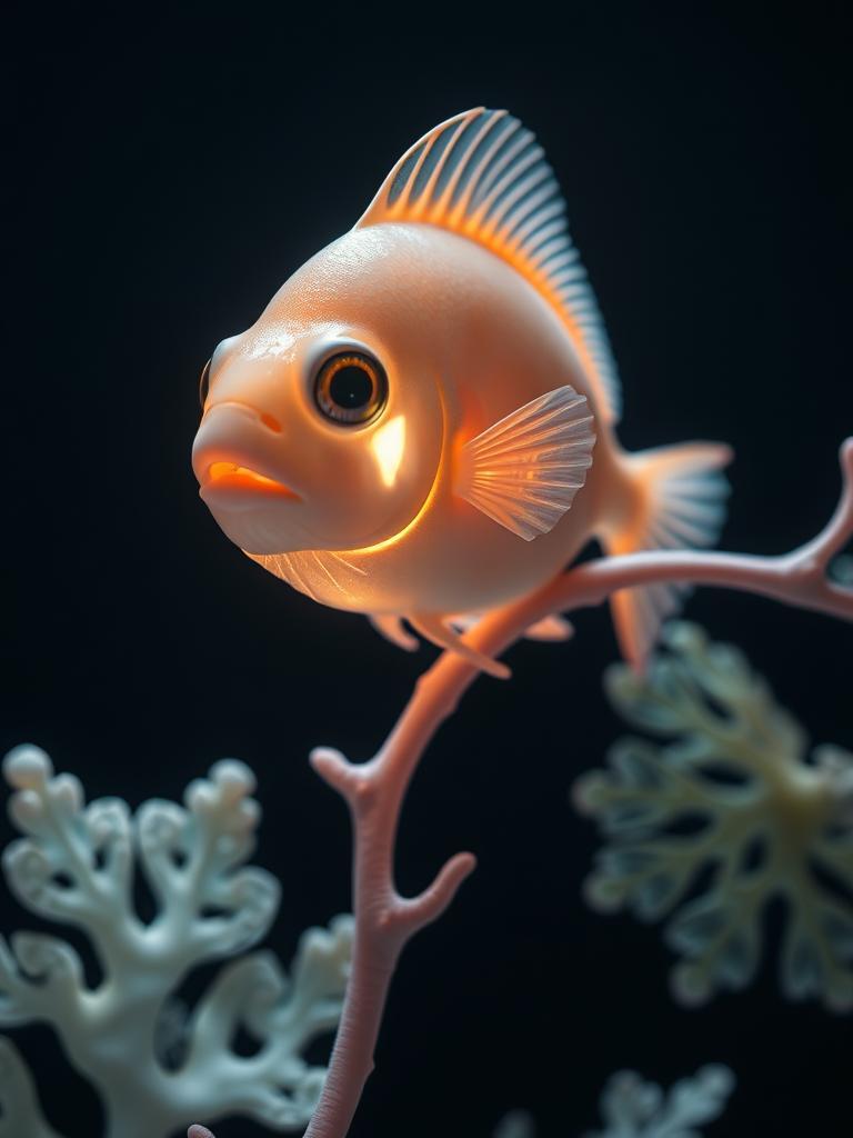 A lone, glowing fish from another world, illuminated by a soft, gentle light from the side, creating a triangle of brightness on its cheek, with deep shadows accentuating its features, floating on a delicate, pale pink vine, surrounded by shimmering patterns and soft, pastel sea fans in calming shades of light blue, pale mint, and creamy white, with big, shining eyes that draw the viewer in, set against a dark, muted background that emphasizes the fish's gentle glow.