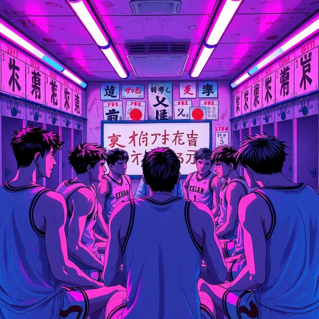inferno-like intensity erupts within the sweltering college basketball team's locker room, a pressure cooker of raw emotion, now illuminated with vibrant pink and blue led bulbs that cast a kaleidoscope of colors across the players' anime-like expressions. players form a tight circle around their tactical coach, their faces aglow with an electrifying energy, sweat pouring down like a maelstrom of cherry blossoms as they crave final battle plans. a wildly imaginative display of x's and o's ripples across the whiteboard, intricate like a delicate watercolor painting, as their revered coach scripts a potentially game-changing coup de grâce, each strand of the strategy pulsing with an otherworldly manga flair.

above the players, a maelstrom of motivational war cries thunders from bold, dynamic kanji characters scribbled across walls scorched by unbridled passion. posters screaming "win or die" and "sacrifice everything for greatness" blaze in their minds, consuming them completely like a rickety rickoshay of flames through tinder-dry hearts. 

their treasured season lives or dies in the fiery crucible of the next few volatile minutes, every heartbeat fueling a fantastical fusion of martial arts and hoop dreams. inspired by guttural grunts of comrades and brutal personal resolve, teammates in unison accept the heart-stopping challenge: prepare to sear the opposition forever with a mighty, unbridled cheer. in this infernal heat, they unchain unbridled fury.