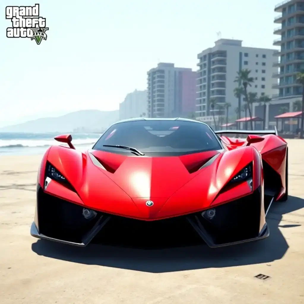 futuristic aggresive supercar for 2035, inspired by ferrari f50 and a ferrari f8, with an imposing front bumper, sleeker and sharper angular headlights, a smooth custom racing widebody kit,  show entire car in a beach of gta 5 city, hd