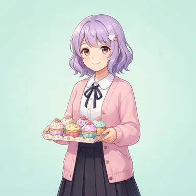 original visual novel style anime school girl, literature club member, short lavender hair, pastel cardigan, cupcakes, digital illustration